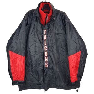 Vintage ATLANTA FALCONS Jacket Adult XL Black Red Spell Out Parka Fleece Lined